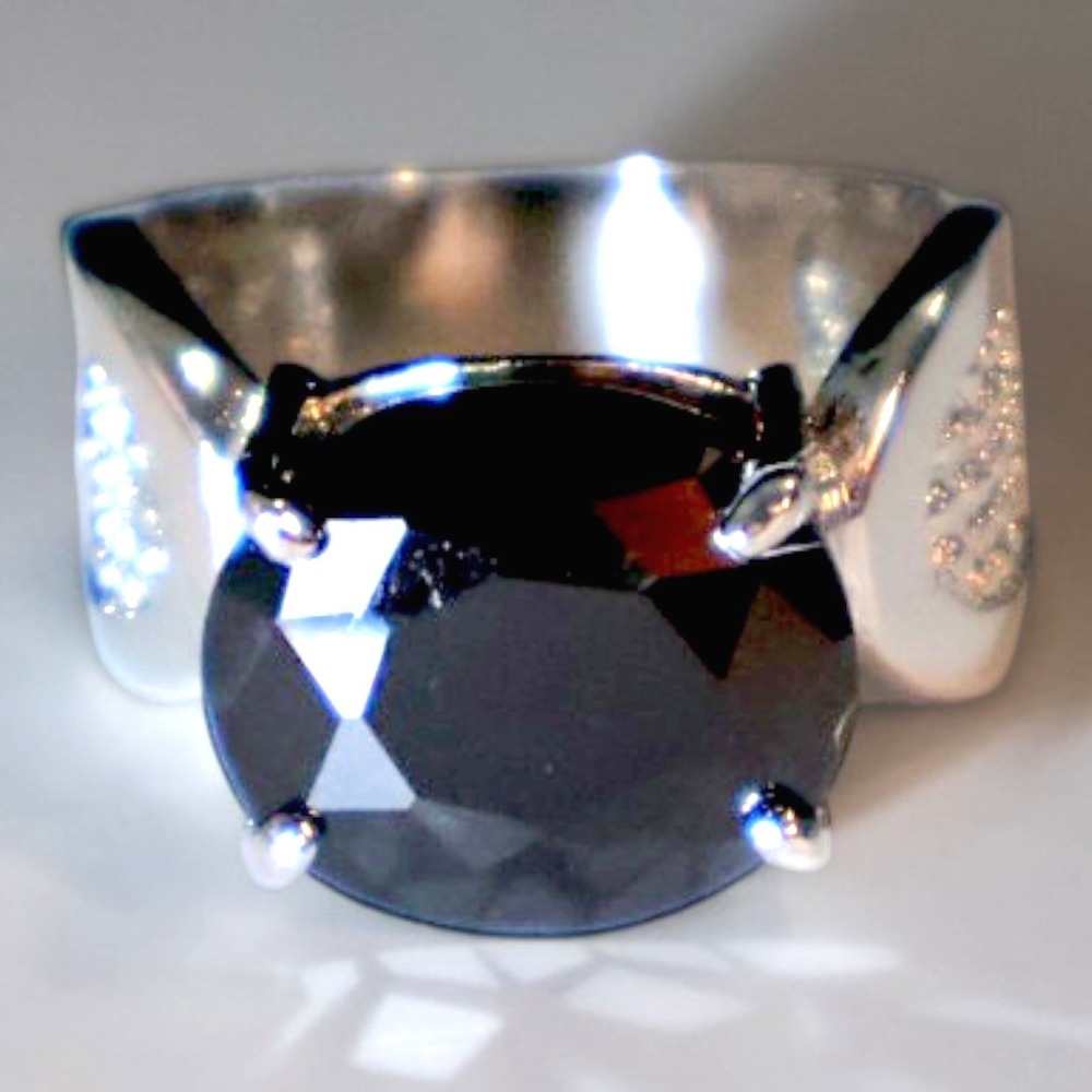 Swarovski Crystal Black Stone Statement Ring Sterling Silver Overlay Brass Sz 8